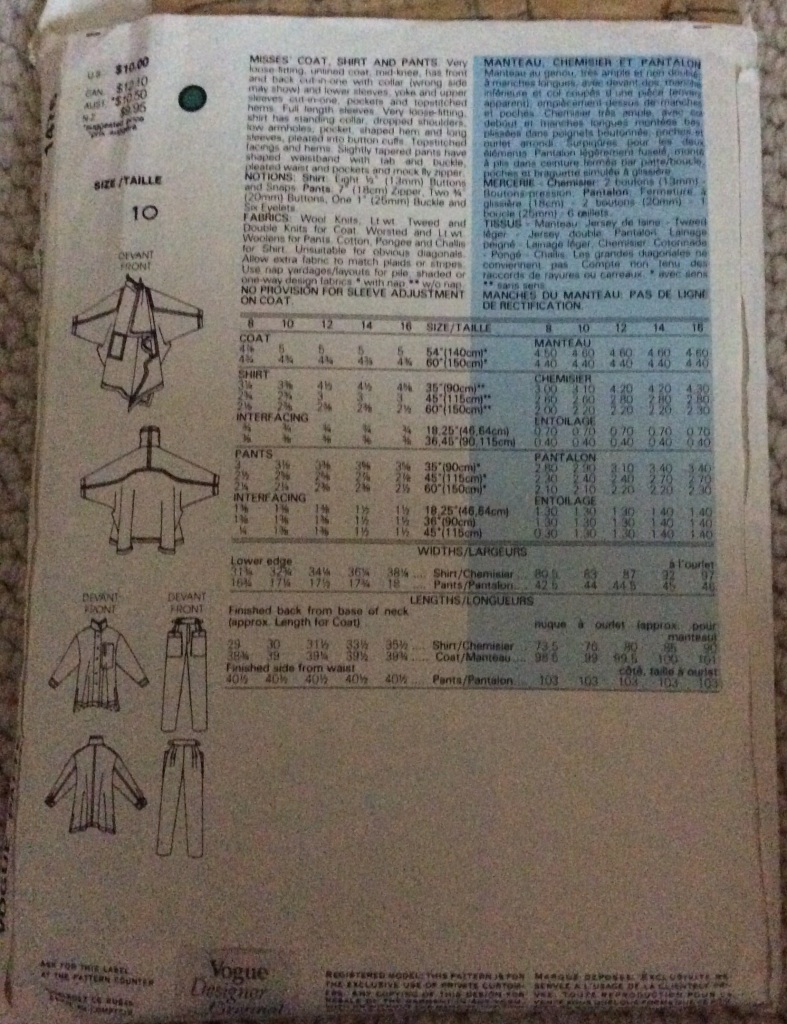 Vogue Pattern 1476 Envelope back