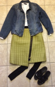 Street Look with jean jacket, capri leggings, sandals